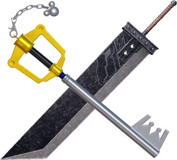 two weapons crossed over each other in the form of an 'x'. the bottom one is the 'buster
               sword' from final fantasy 7, the blade is a thick black and grey rectangle pointed at the tip. the top one is the 'kingdom key' from kingdom hearts, the blade is in
               the shape of an actual grey key while the handle is yellow and black. it also has a keychain attached to it in the shape of mickey mouse's head.